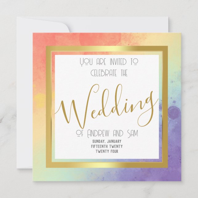 Rainbow Watercolor & Gold  Invitation (Front)