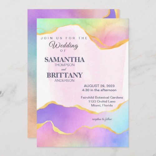 Rainbow Watercolor Gold LGBT Wedding Invitation