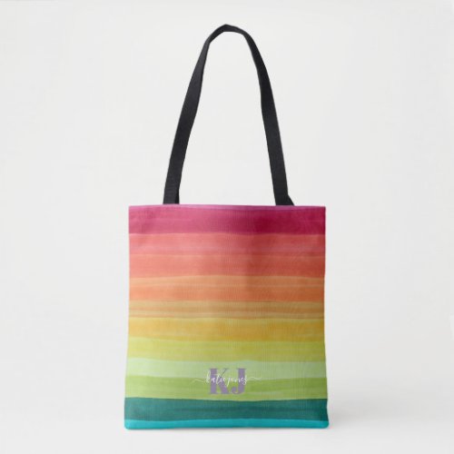 Rainbow Watercolor Gradient  Monogram Tote Bag