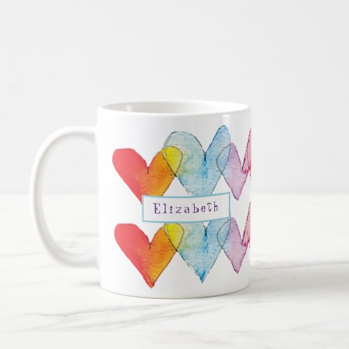 Rainbow Watercolor Hearts Hand_Painted Monogram Coffee Mug