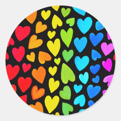 Rainbow Watercolor Hearts Pattern Classic Round Sticker