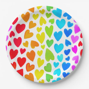 Rainbow Watercolor Hearts Pattern Paper Plates