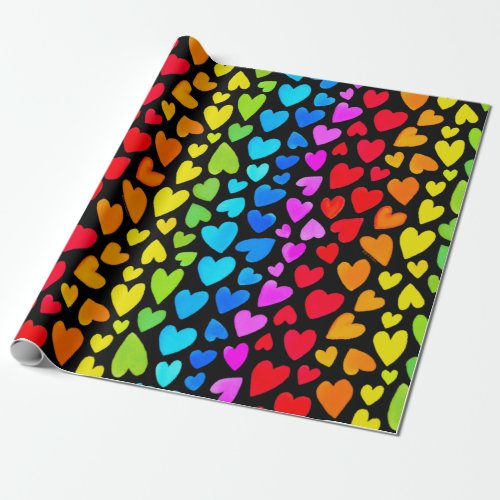 Rainbow Watercolor Hearts Pattern Wrapping Paper