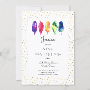 Rainbow Watercolor Ice Cream Ice Pop Stylish Gold Invitation
