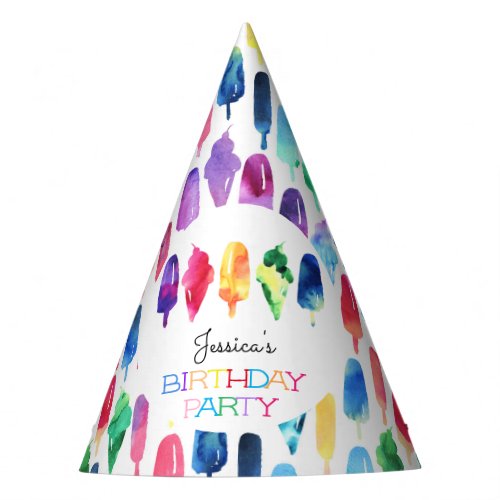 Rainbow Watercolor Ice Cream Ice Pops Birthday Party Hat