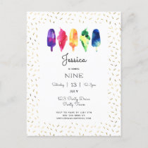 Rainbow Watercolor Ice Cream Ice Pops Stylish Gold Invitation Postcard