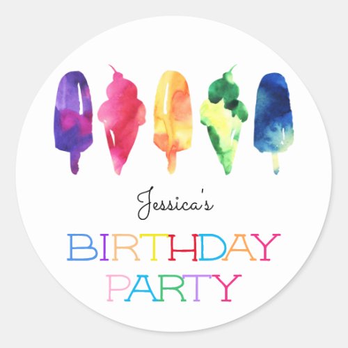 Rainbow Watercolor Ice Cream Popsicle Birthday Classic Round Sticker