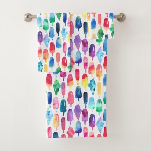 Rainbow Watercolor Ice Cream Popsicle Pattern Bath Towel Set