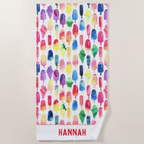 Rainbow Watercolor Ice Cream Popsicle Personalized Beach Towel