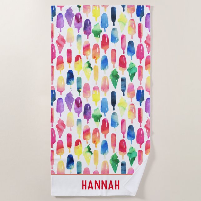 Rainbow Watercolor Ice Cream Popsicle Personalized Beach Towel (Front)