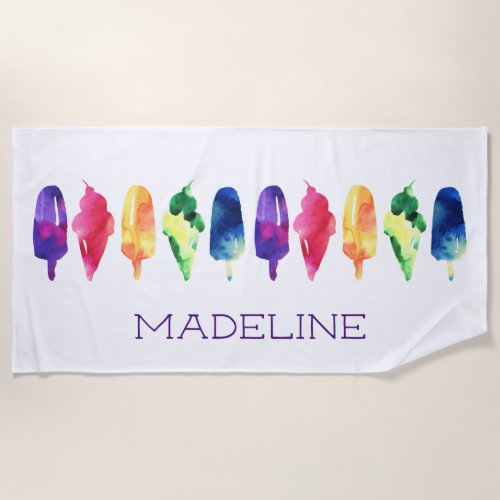 Rainbow Watercolor Ice Cream Popsicle Personalized Beach Towel