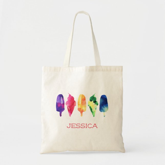 Rainbow Watercolor Ice Cream Popsicle Personalized Tote Bag (Front)
