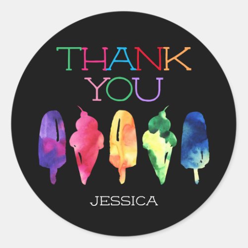 Rainbow Watercolor Ice Cream Popsicle Thank You Classic Round Sticker