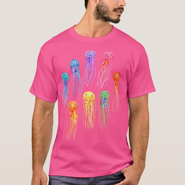 Rainbow Watercolor Jellies On Dark Teal T-Shirt (Front)