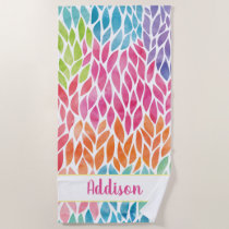 Rainbow Watercolor Leaves Pattern Personalized Beach Towel