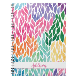 Rainbow Watercolor Leaves Pattern Pretty Feminine Notebook