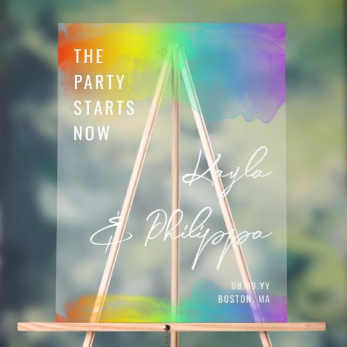 Rainbow Watercolor LGBT Wedding Party Starts Now Acrylic Sign