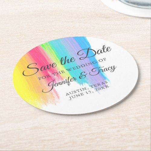 Rainbow Watercolor LGBTQ Wedding Save the Date Round Paper Coaster