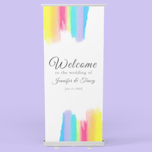 Rainbow Watercolor LGBTQ Welcome to Our Wedding Retractable Banner