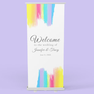 Rainbow Watercolor LGBTQ Welcome to Our Wedding Retractable Banner