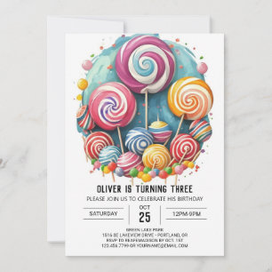 Rainbow Watercolor Lollipop Birthday Invitation