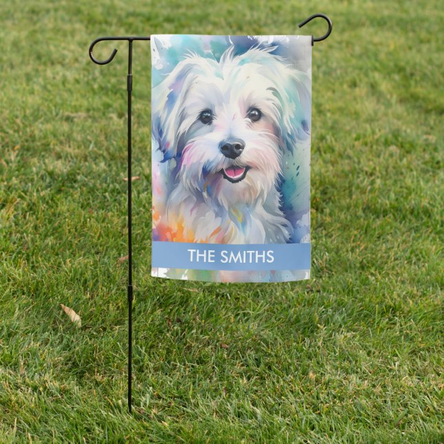 Rainbow Watercolor Maltese Dog Personalized Garden Flag (In SItu)