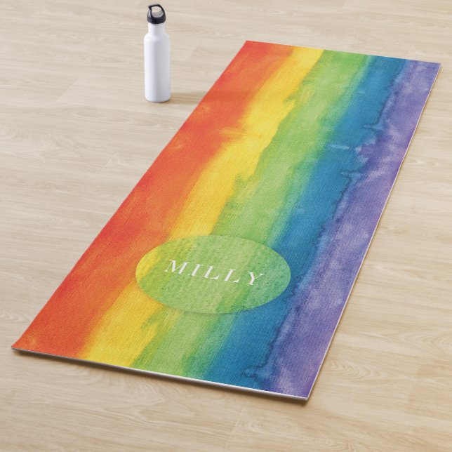 Rainbow Watercolor Modern Colorful Personalized Yoga Mat (In Situ)