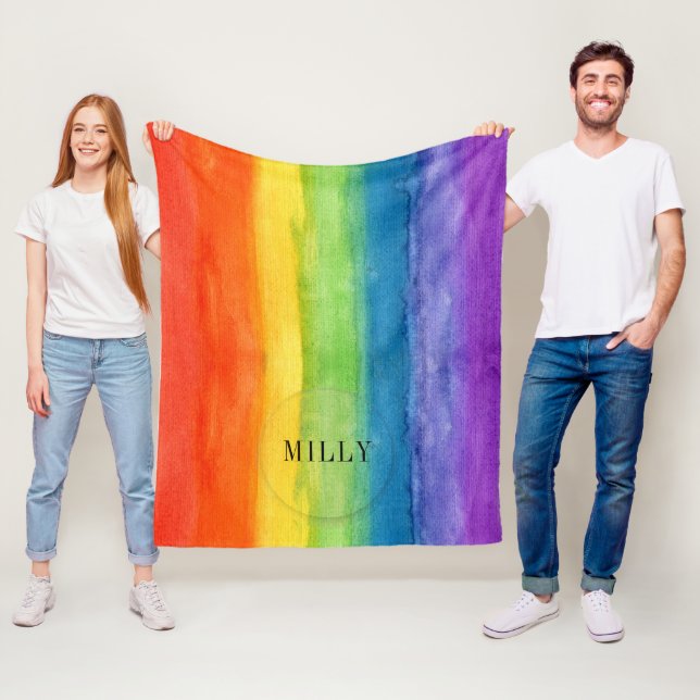 Rainbow Watercolor Modern Personalized Name Fleece Blanket (In Situ)