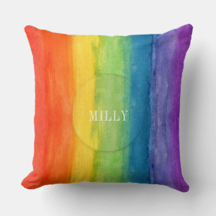 Rainbow Watercolor Modern Personalized Name Throw Pillow