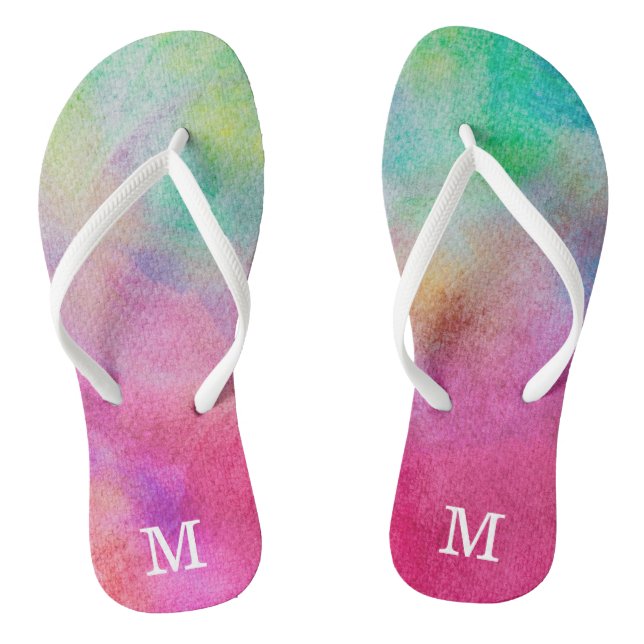 Rainbow Watercolor Monogram Flip Flops (Footbed)