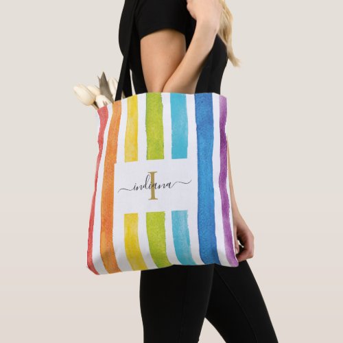 Rainbow Watercolor Monogram Name Initial Custom Tote Bag