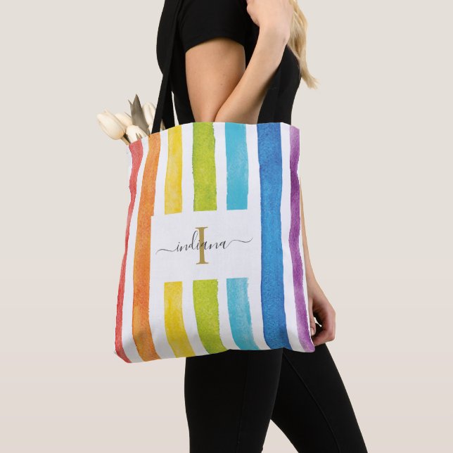 Rainbow Watercolor Monogram Name Initial Custom Tote Bag (Close Up)