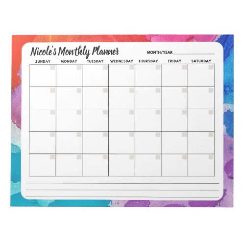 Rainbow Watercolor Monthly Calendar Notepad