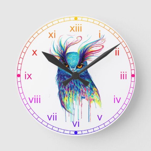 Rainbow watercolor Owl with a pinkyellow Round Clock