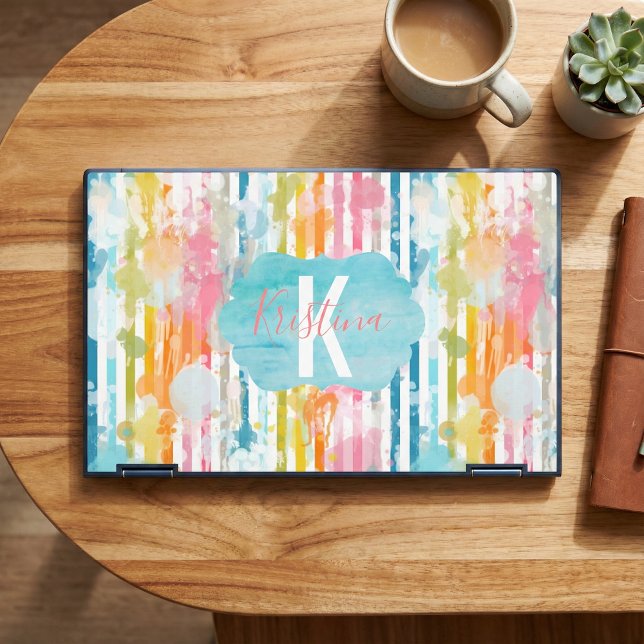 Rainbow Watercolor Paint Splatter Stripes Monogram HP Laptop Skin (Creator Uploaded)