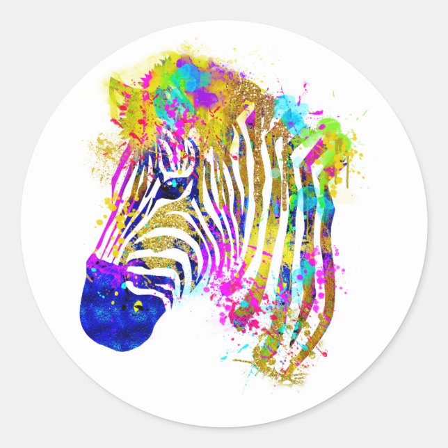 Rainbow Watercolor Paint Splatter Zebra Graphic Classic Round Sticker (Front)