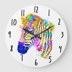 Rainbow Watercolor Paint Splatter Zebra Graphic Large Clock
