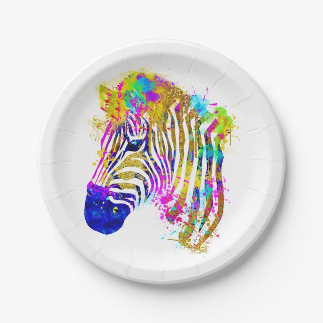 Rainbow Watercolor Paint Splatter Zebra Graphic Paper Plates (Front)