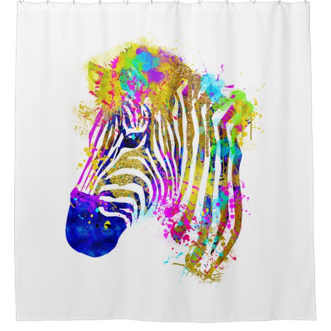 Rainbow Watercolor Paint Splatter Zebra Graphic Shower Curtain (Front)