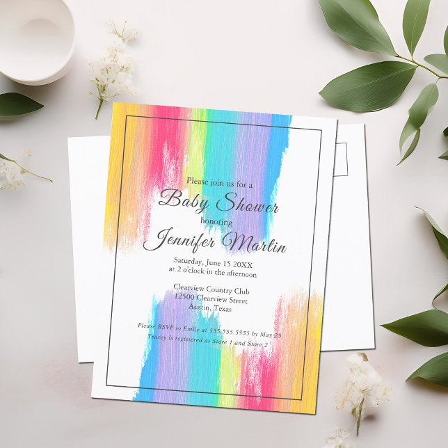 Rainbow Watercolor Paint Strokes Baby Shower Invitation Postcard (Creator Uploaded)