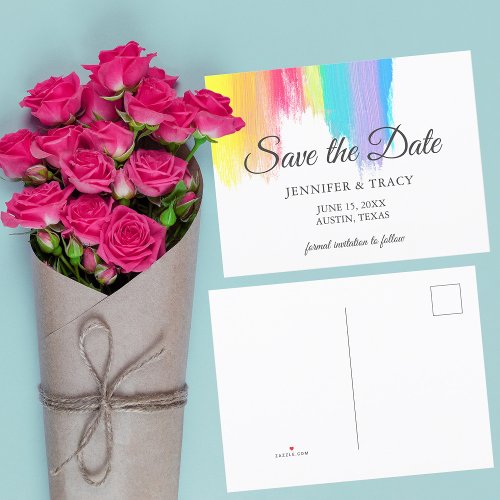 Rainbow Watercolor Paint Strokes Gay Pride Wedding Announcement Postcard