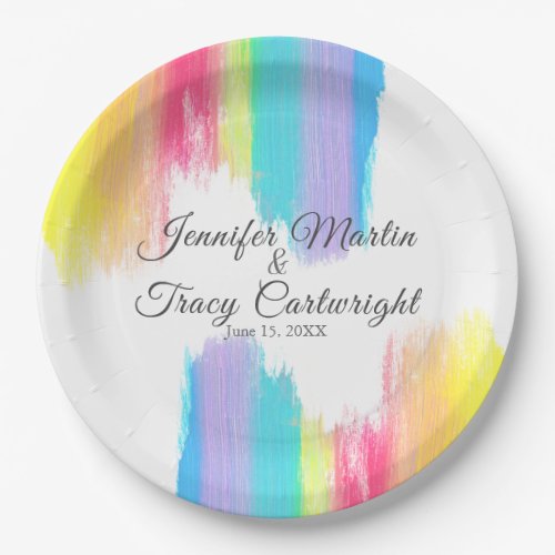 Rainbow Watercolor Paint Strokes LGBTQ Wedding Paper Plates