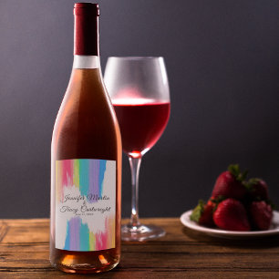 Rainbow Watercolor Paint Strokes LGBTQ Wedding Wine Label