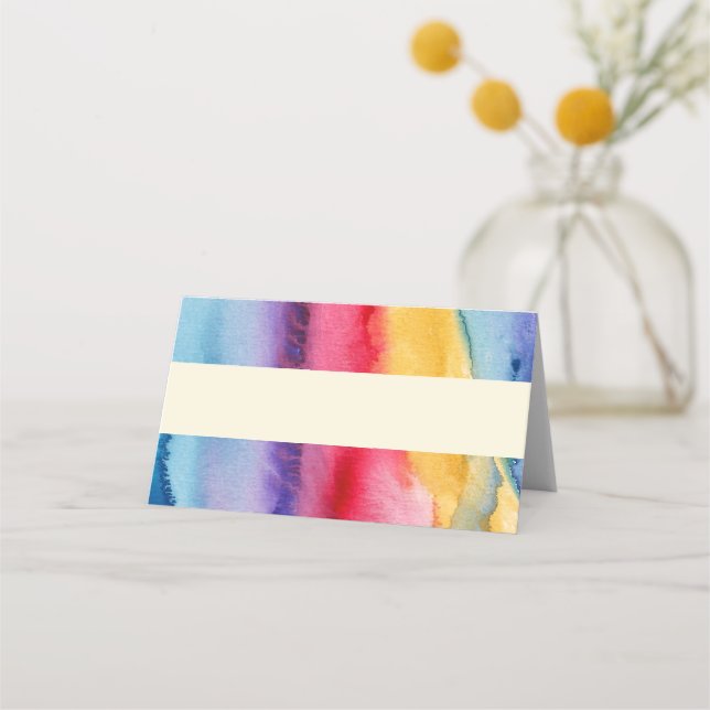 Rainbow Watercolor Painting Wash Wedding Place Card (Front)