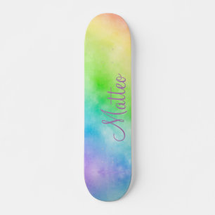 Rainbow watercolor painting with personalized tot skateboard