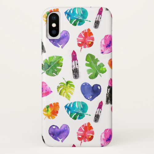 Rainbow watercolor palm leaves pin kiss lipsticks iPhone x case