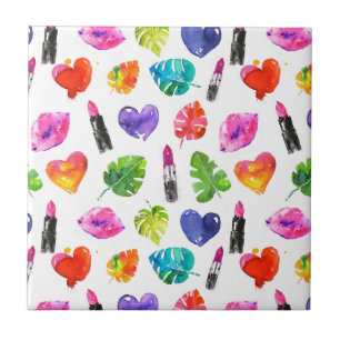 Rainbow watercolor palm leaves pin kiss lipsticks ceramic tile