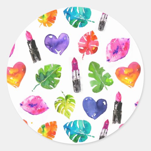 Rainbow watercolor palm leaves pin kiss lipsticks classic round sticker