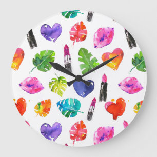 Rainbow watercolor palm leaves pin kiss lipsticks large clock