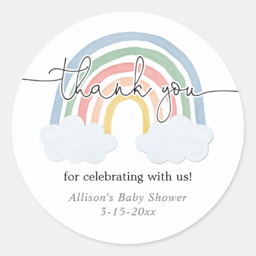 Rainbow watercolor pastel baby shower thank you classic round sticker